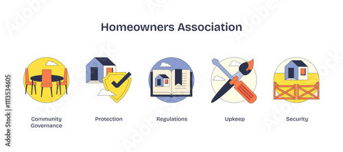 Homeowners Association icons show governance, protection, and upkeep, transparent background.Key objects, table, shield, tools.