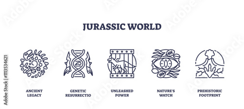 Dinosaurs and DNA strands symbolize evolution and power, transparent background. Outline icons set