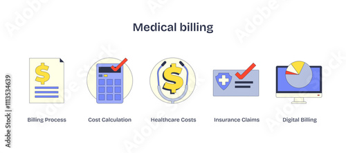 Medical billing icons with calculator, document, and computer, conveying financial processes, transparent background.