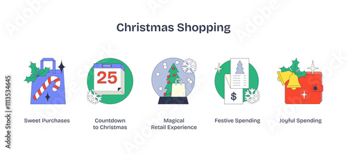 Christmas shopping icons depict festive spending with bags, calendars, and wallets, transparent background.