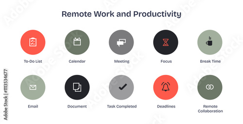 Remote work and productivity icons feature to-do list, calendar, and meeting symbols, transparent background.