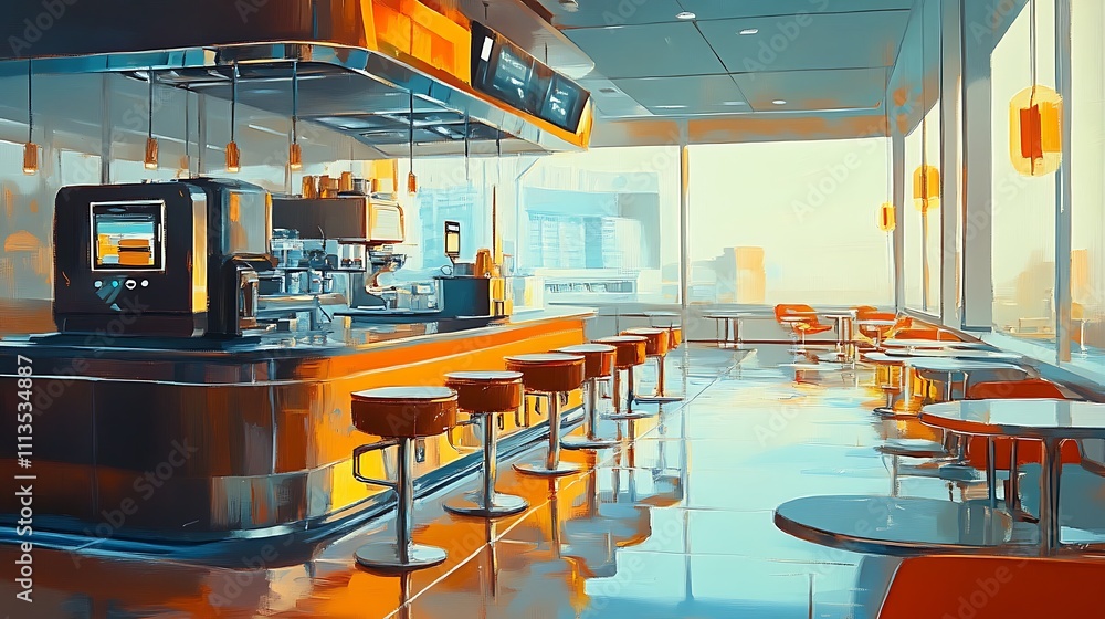 Fototapeta premium Sunlit modern cafe interior with bar, stools, and tables.