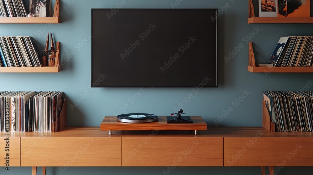 A sleek mid-century entertainment center with a floating wooden TV console A sleek mid-century entertainment center with a floating wooden TV console