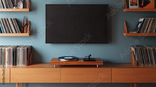 A sleek mid-century entertainment center with a floating wooden TV console