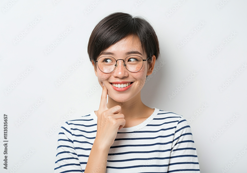 A happy young adult Korean woman wearing modern, stylish eyeglasses for eyesight correction, looking away and showcasing eyewear, perfect for advertising glasses or an optics store, isolated on a whit A happy young adult Korean woman wearing modern, stylish eyeglasses for eyesight correction, looking away and showcasing eyewear, perfect for advertising glasses or an optics store, isolated on a whit
