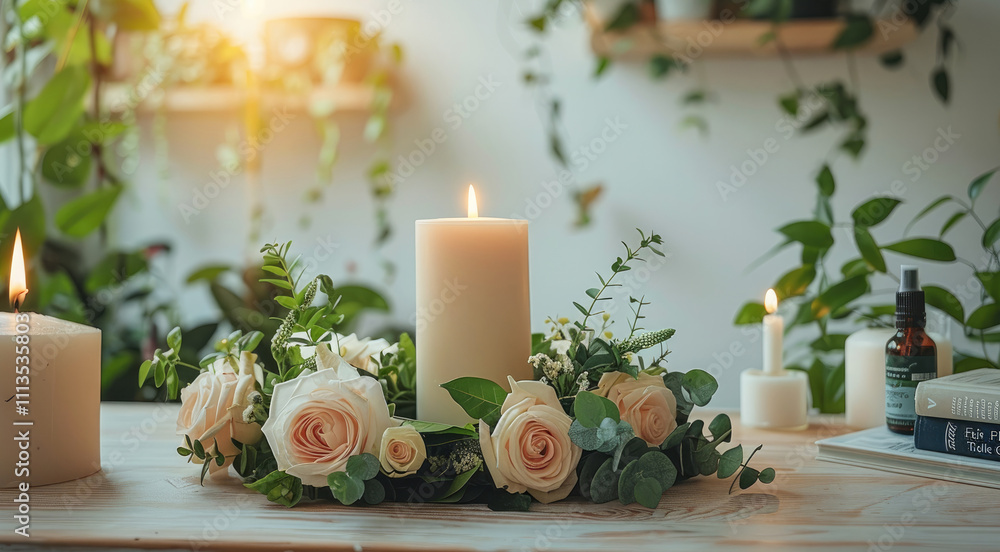 A table against the wall indoors, with a rose wreath on the table and a candle in the middle of the wreath. the background is bright white, with green plants, books, aromatherapy and other decoration. A table against the wall indoors, with a rose wreath on the table and a candle in the middle of the wreath. the background is bright white, with green plants, books, aromatherapy and other decoration.