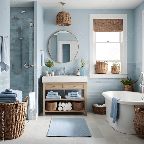 A fresh bathroom with soft blue hues, natural stone tiles, wicker baskets, and airy textiles that give it a beachy, relaxing feel.