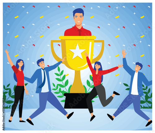 Worker Success with a Giant Trophy. victory winner business concept. 