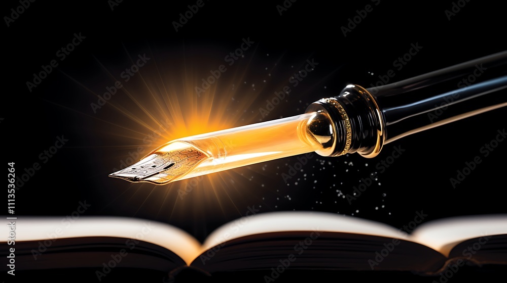 Naklejka premium Glowing Fountain Pen Above Open Book Illuminating Pages
