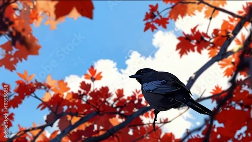 bird with autumn leaves and blue sky, perfect for segue, bridge, transition photo