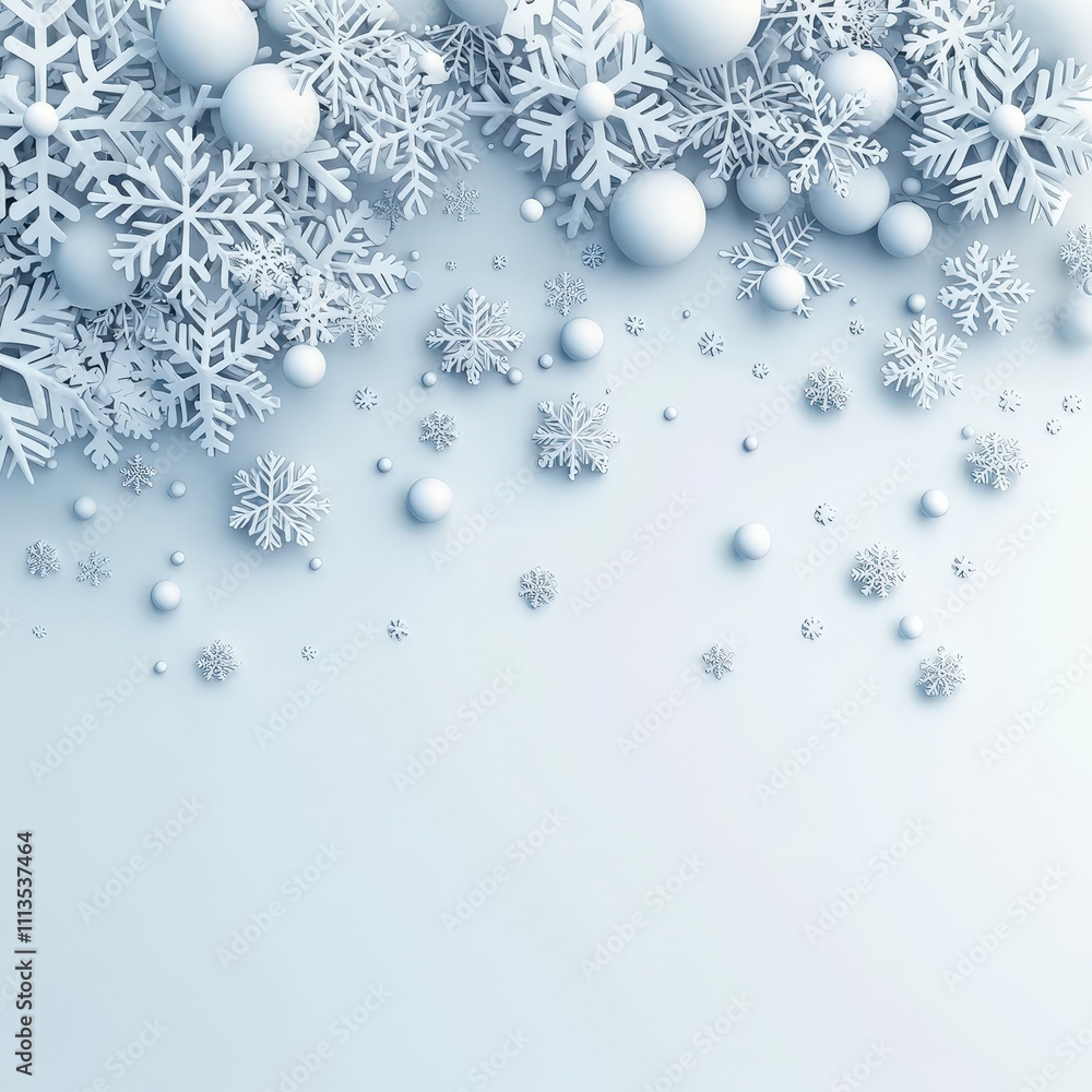 Fototapeta premium A white background with snowflakes and balls
