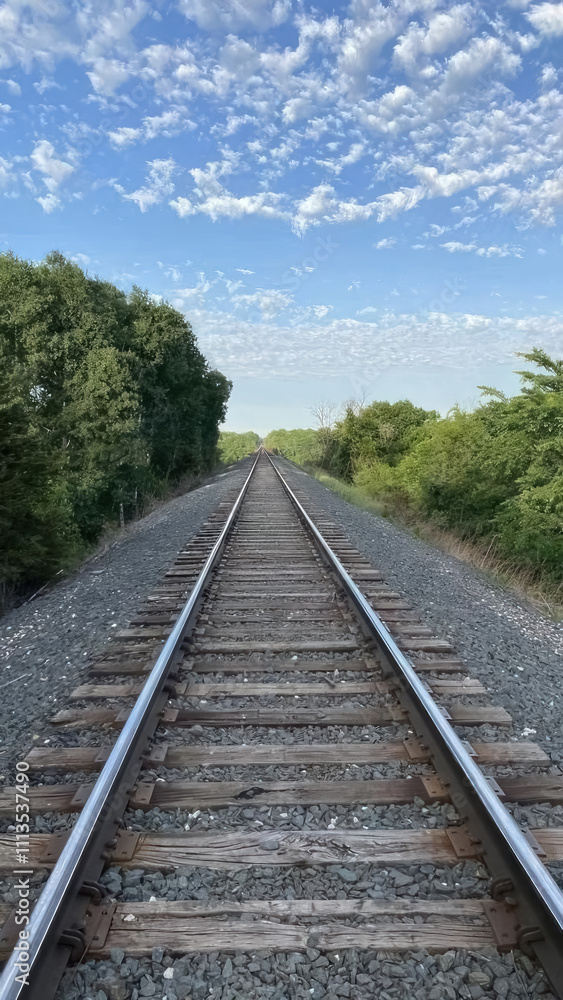 straight railway track under blue sky with scattered clouds straight railway track under blue sky with scattered clouds