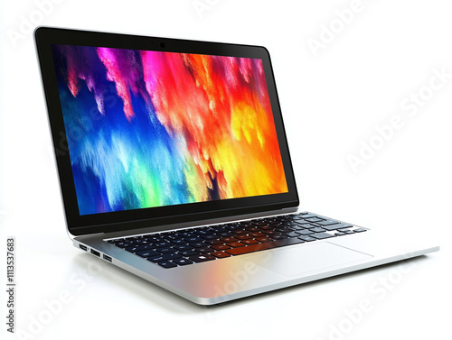 A sleek laptop with an open screen showing a creative design isolated on white background photo