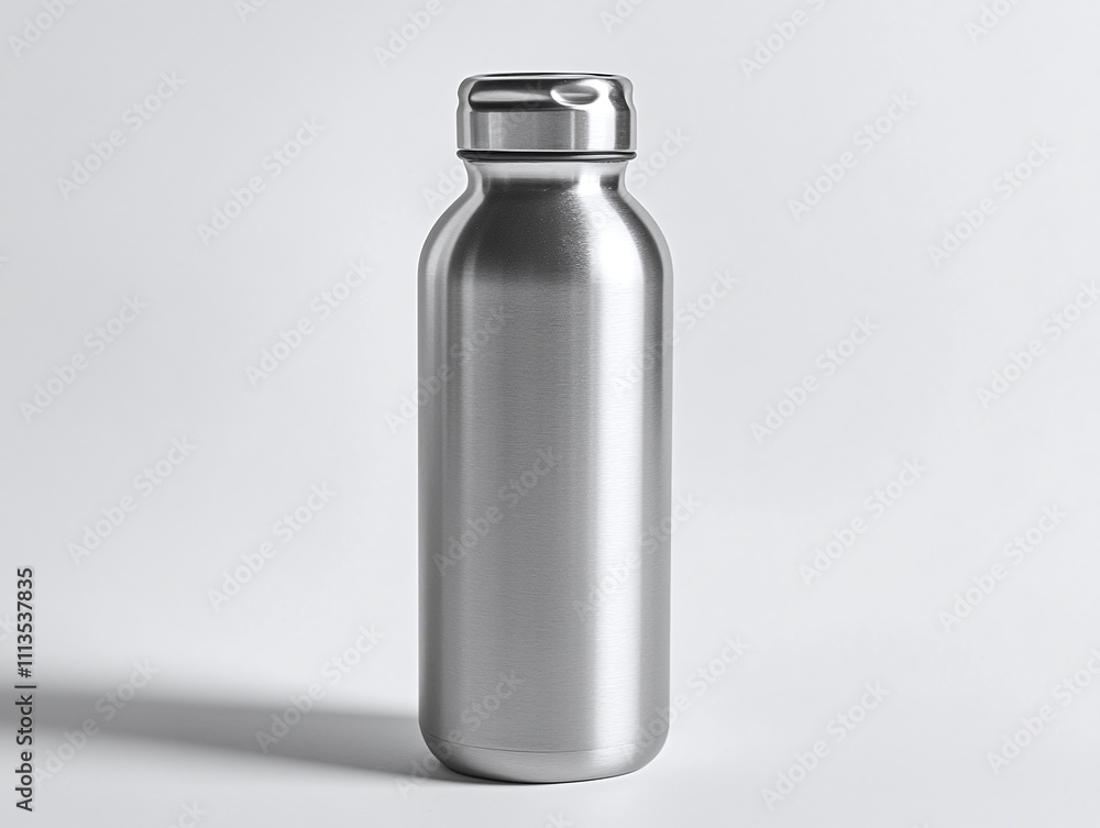 A sleek water bottle made of stainless steel, on a white background A sleek water bottle made of stainless steel, on a white background