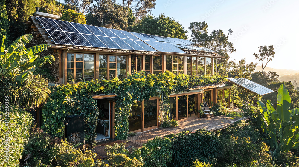 A solar-powered home surrounded by greenery, with solar panels glistening in the sunlight A solar-powered home surrounded by greenery, with solar panels glistening in the sunlight