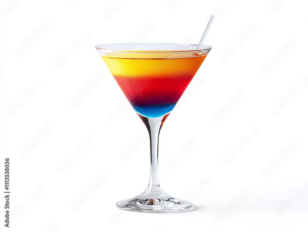 A sophisticated cocktail glass filled with a colorful drink, isolated on white A sophisticated cocktail glass filled with a colorful drink, isolated on white