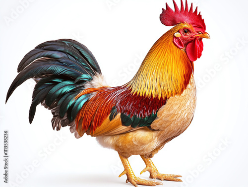 A sturdy rooster with bright plumage isolated on white background photo