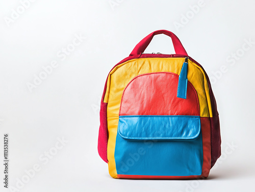 A stylish backpack, vibrant colors, resting against a white background