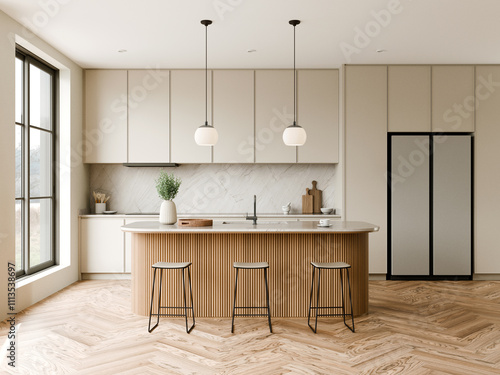 Modern contemporary kitchen with Elegant Design, stylish island and warm wood accents. 3d render.