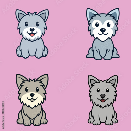 Set of Cute Skye Terrier Dog Sitting isolated Vector illustration
