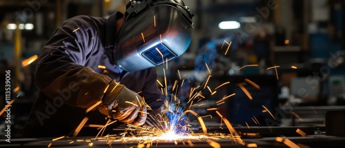 Welding Sparks Flying as Skilled Worker Fabricates Metal in Industrial Workshop photo