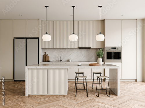 White modern Kitchen with large island, stylish elegant pendant lighting. 3d render.