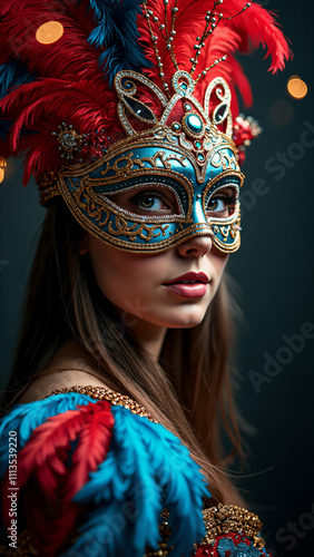 Enchanting Masquerade: Woman in Vibrant Carnival Costume for Holiday Events and Party Promotions photo