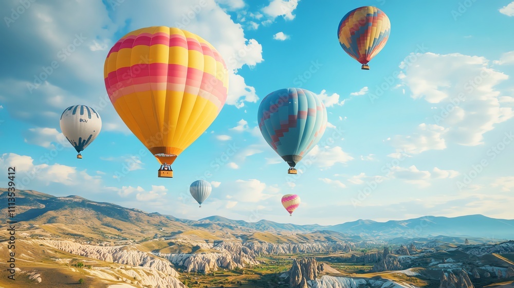 Obraz premium A group of hot air balloons float above a mountain range in the early morning.