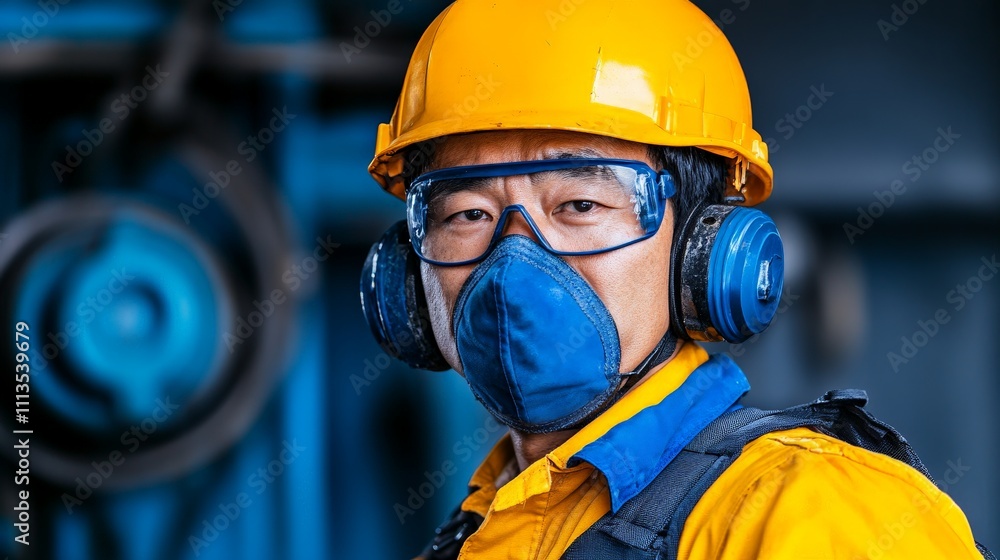 Industrial Worker Safety First: A close-up portrait of a determined industrial worker in a yellow hardhat, safety glasses, and a blue respirator mask. Industrial Worker Safety First: A close-up portrait of a determined industrial worker in a yellow hardhat, safety glasses, and a blue respirator mask.