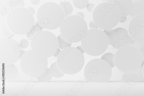 White abstract stage mockup - flying plastic circles on soft light shining background, copy space. Template 3D illustration scene urban style for presentation cosmetic products, goods, sale,  display.