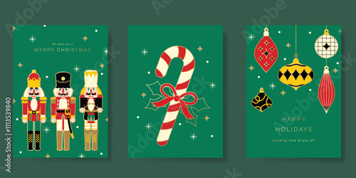 Merry Christmas and Happy New Year greeting card vector set. Luxury invitation with bauble, candy cane, nutcracker, gold line art on green background. Design illustration for season's card, ads.