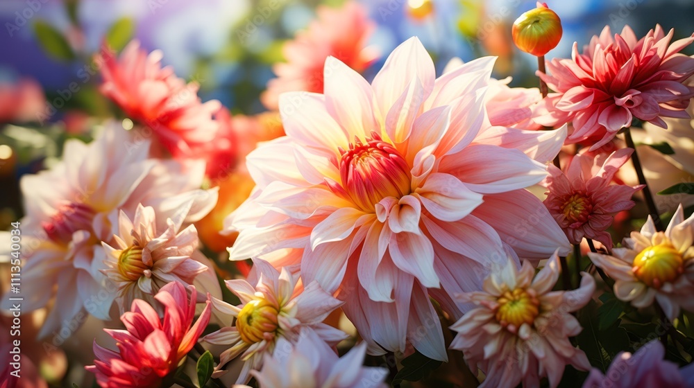 A vibrant display of blooming dahlias in various shades showcases their intricate petals and lush greenery, perfect for floral-themed projects, gardening, or spring promotions, A vibrant display of blooming dahlias in various shades showcases their intricate petals and lush greenery, perfect for floral-themed projects, gardening, or spring promotions,