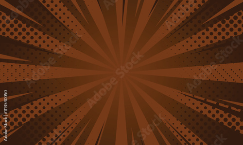 Dark brown comic sunburst effect background with halftone. Pop art comic-style vector background. Suitable for templates, sale banners, events, ads, web and pages