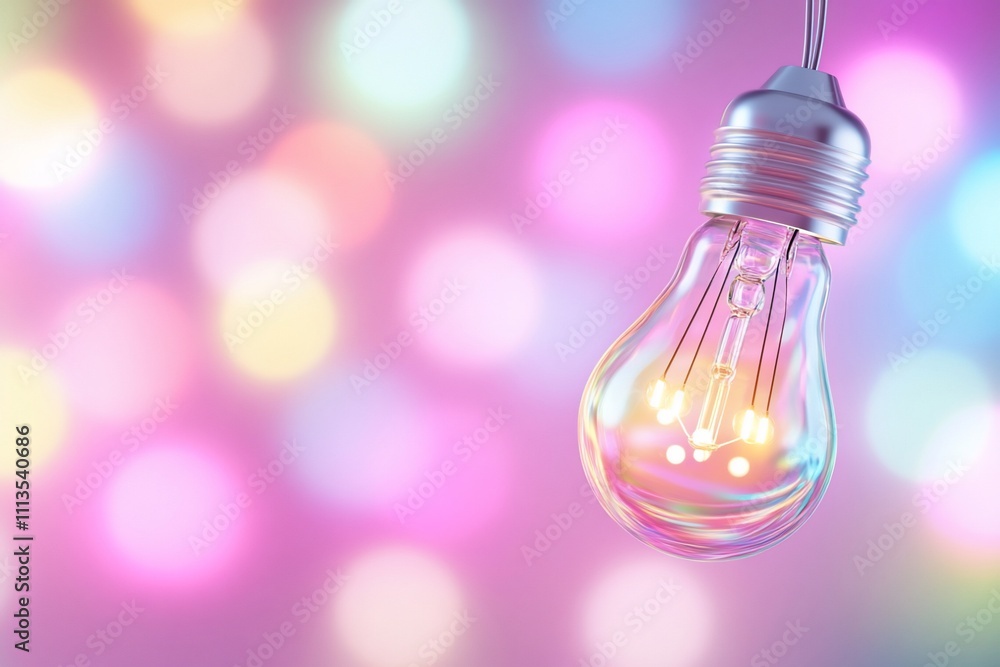 A glowing light bulb against a colorful bokeh background. A glowing light bulb against a colorful bokeh background.