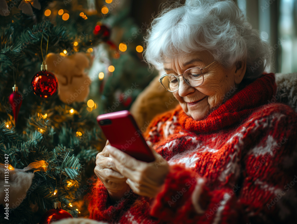 Woman in a red sweater is sitting in front of a Christmas tree Woman in a red sweater is sitting in front of a Christmas tree