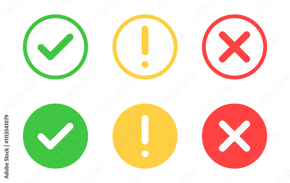 check mark icon button set. check box icon with right and wrong buttons and yes or no checkmark icons in green tick box and red cross. exclamation mark information icon
check mark icon button set. check box icon with right and wrong buttons and yes or no checkmark icons in green tick box and red cross. exclamation mark information icon