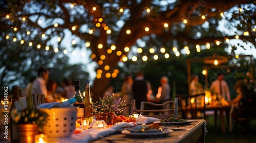 A festive outdoor gathering with string lights and cheerful decorations