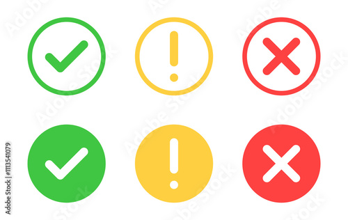 check mark icon button set. check box icon with right and wrong buttons and yes or no checkmark icons in green tick box and red cross. exclamation mark information icon	
