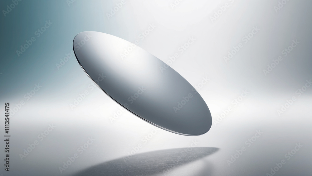 Levitating Disk: A sleek, thin, chrome disk floating slightly tilted, evoking a sense of weightlessness and wonder. Levitating Disk: A sleek, thin, chrome disk floating slightly tilted, evoking a sense of weightlessness and wonder.