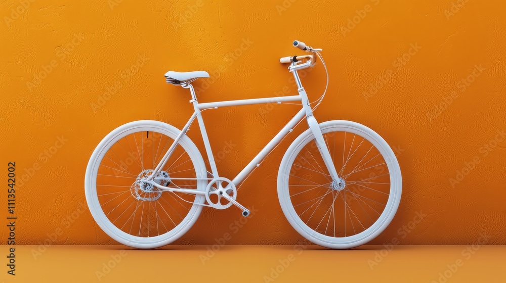 Fototapeta premium White bicycle stands out against the orange background with minimalist design.