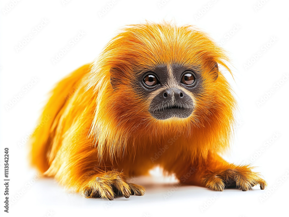 Bold golden lion tamarin with striking fur isolated on white background Bold golden lion tamarin with striking fur isolated on white background