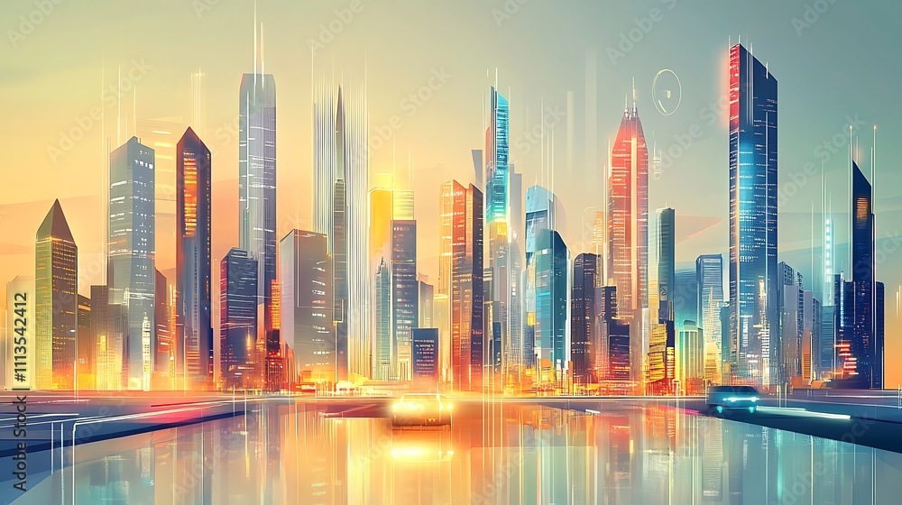 Vibrant futuristic cityscape at sunset, showcasing modern architecture and transportation. Vibrant futuristic cityscape at sunset, showcasing modern architecture and transportation.