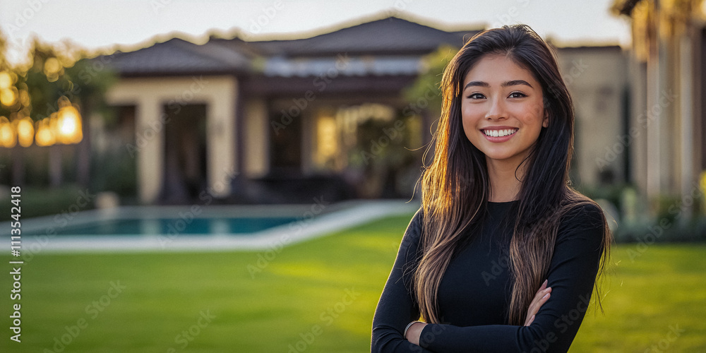 Fototapeta premium An Attractive Younger Asian Woman Poses in Front of Her Luxury Home