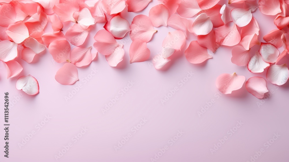 Obraz premium Scattered pink rose petals on a soft pink background create a delicate and romantic atmosphere, Ideal for wedding invitations, beauty products, or floral arrangements,