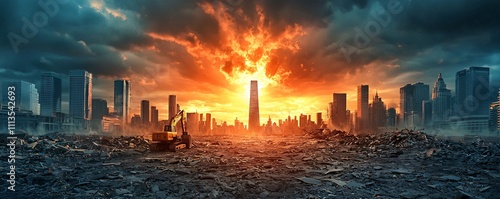Apocalyptic event in urban landscape destruction scene dramatic environment cinematic viewpoint climate change concept