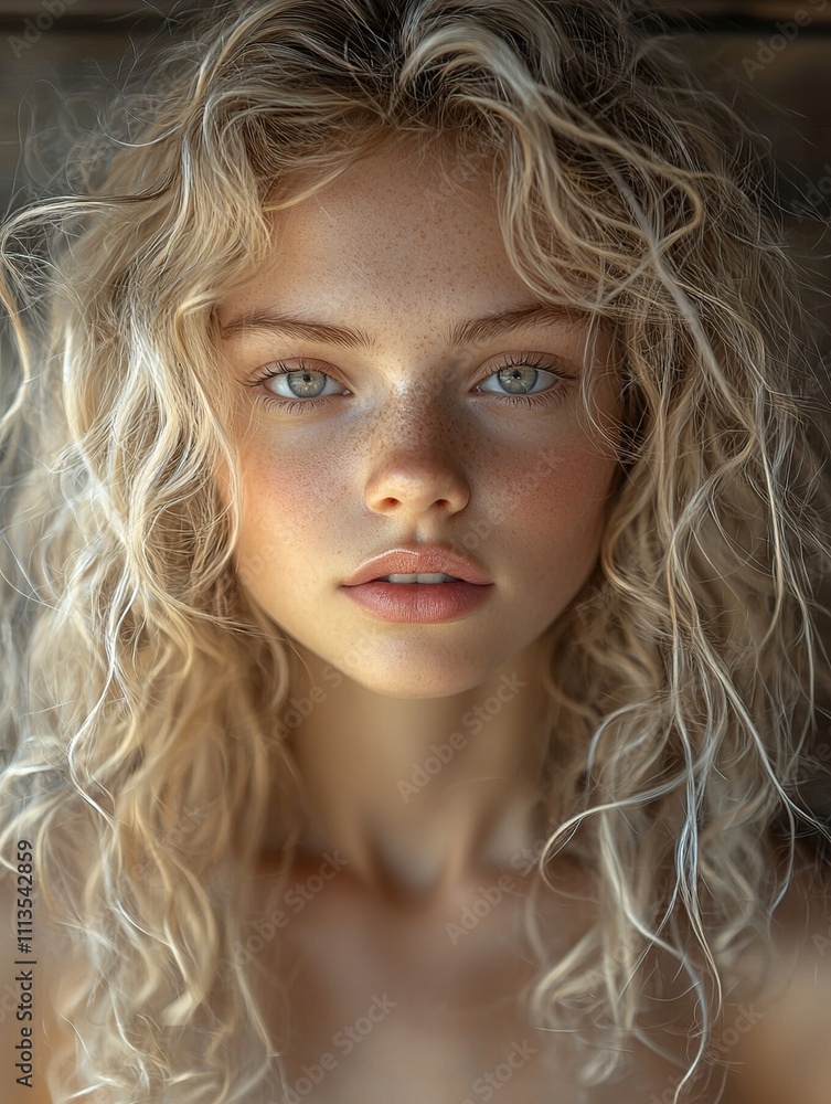 Close-up portrait of a young woman with blonde, curly hair and freckles.