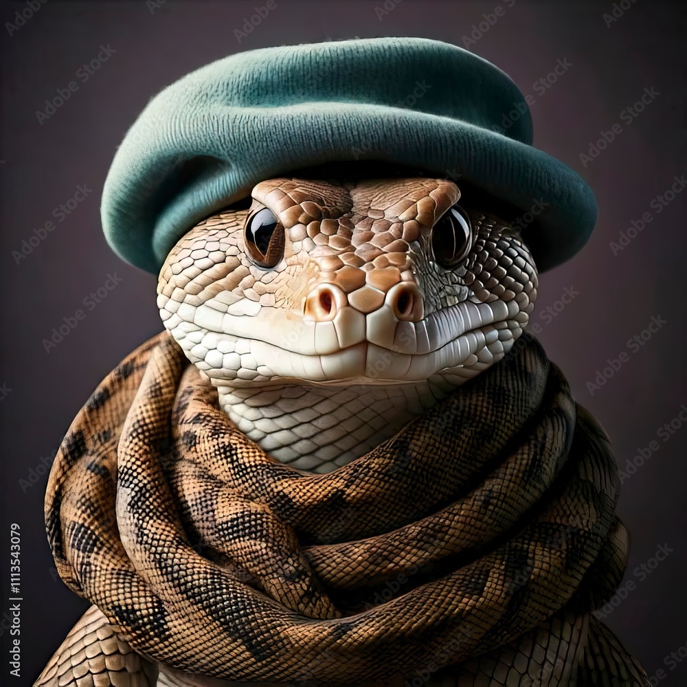 Fototapeta premium Portrait of a snake in winter clothes. digital illustration, manipulation.