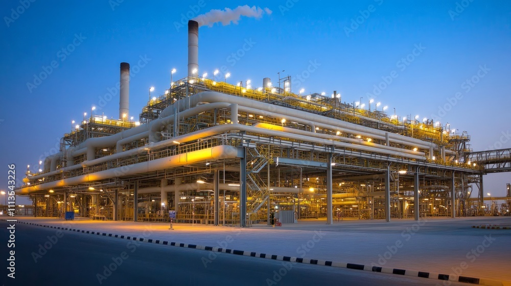 Fototapeta premium Industrial plant at night, illuminated with yellow lights, large pipes, and metal structures.