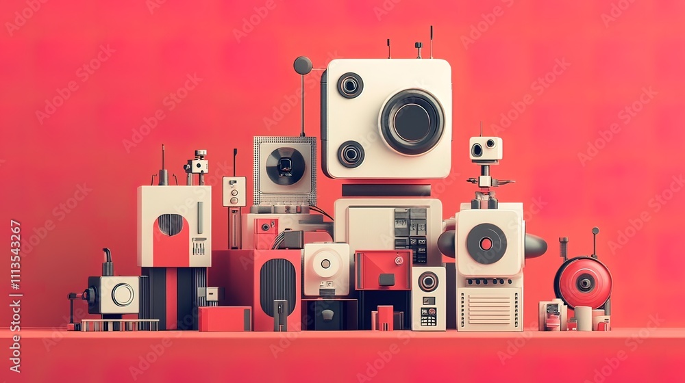 Obraz premium A Row of Retro Robots Standing in a Red Room