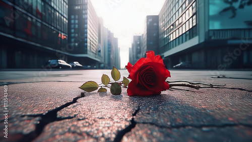 red rose blossom on the asphalt concrete street, 건물 사이에 피어난 장미 photo